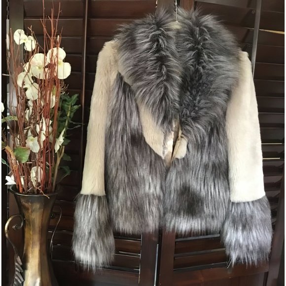 INC Womens Faux Fur Hook-And-Eye Closure Color Block Jacket Beige - Picture 9 of 11